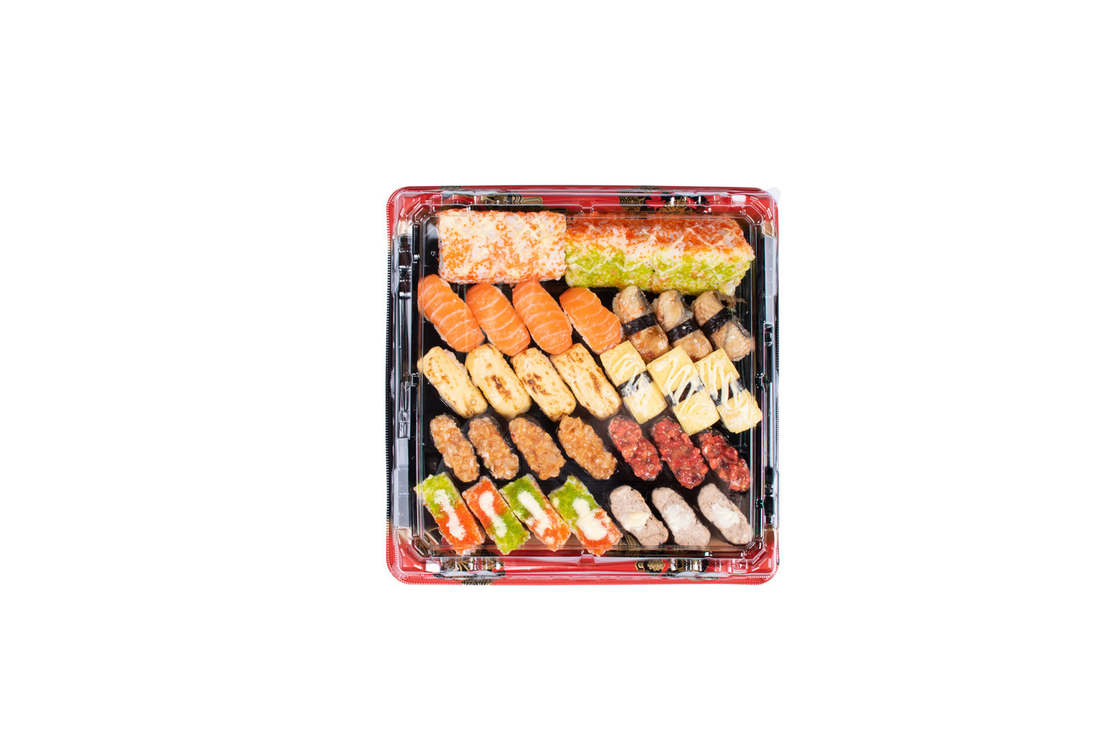 Siyah Kırmızı Şeffaf Kapaklı Tek kullanımlık Sushi Kutusu Çıkartma Sushi Tepsisi Meyve Pastası Tatlı Konteyneri