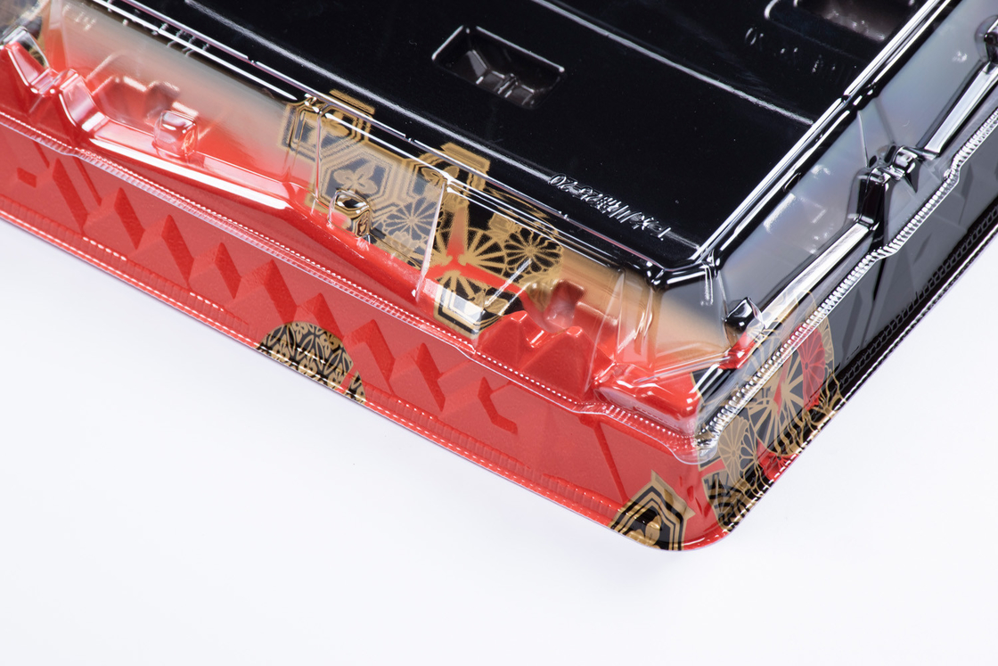 Siyah Kırmızı Şeffaf Kapaklı Tek kullanımlık Sushi Kutusu Çıkartma Sushi Tepsisi Meyve Pastası Tatlı Konteyneri
