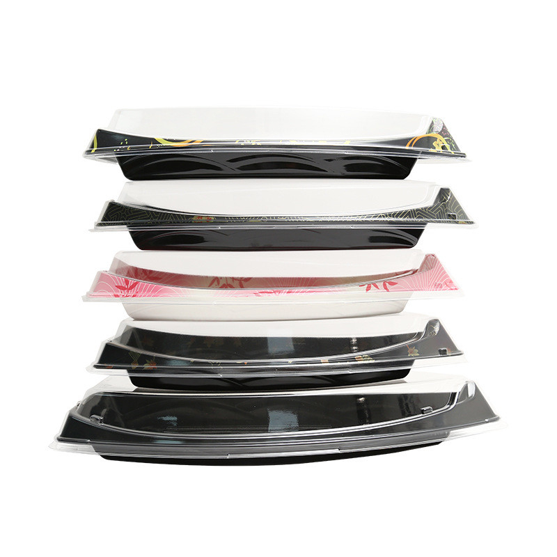 Tek kullanımlık plastik tekne Sashimi dim sum Sushi tekne şeklindeki ahşap tekne paketleme kutusu götürülebilir suşi kutusu