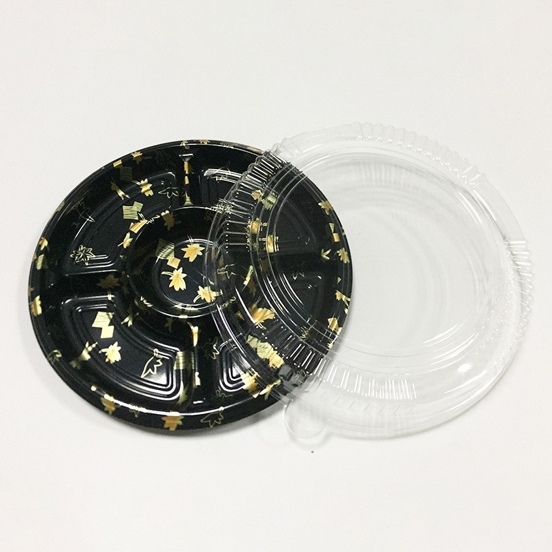 Özel tek kullanımlık suşi kutusu kapaklı yuvarlak plastik beş ızgara somon dikenli vücut satılıyor Paket yemek kutusu