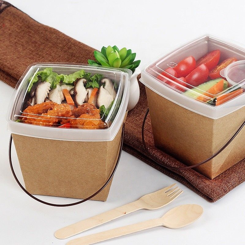 Kraft Kağıdı Geri Dönüşüm Tepsi ve Saplı Öğle Yemeği Erişte Paketleme Kutusunu Uzaklaştırın